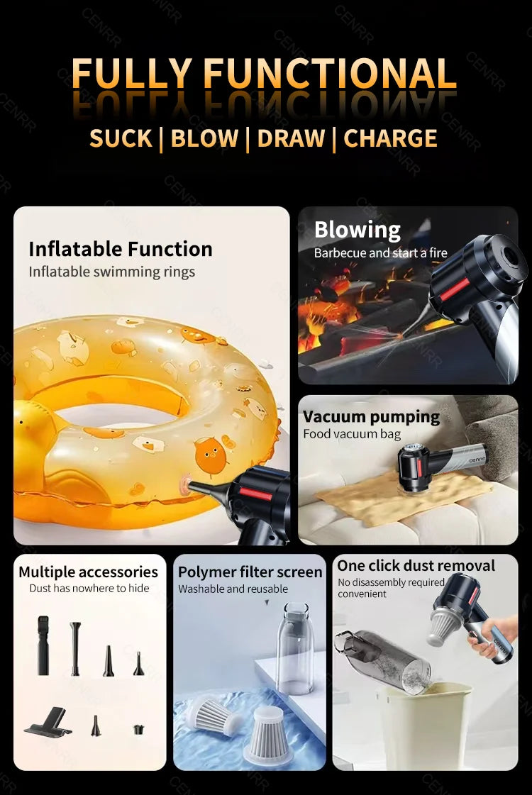 CENRR Mini Car Vacuum Cleaner – 99800PA Powerful Cordless Handheld Blower for Home & Car Cleaning