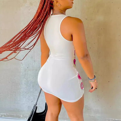 Women’s 2025 Summer Sexy Tank Bodycon Dress – White Printed Mini Slim Fit Dress