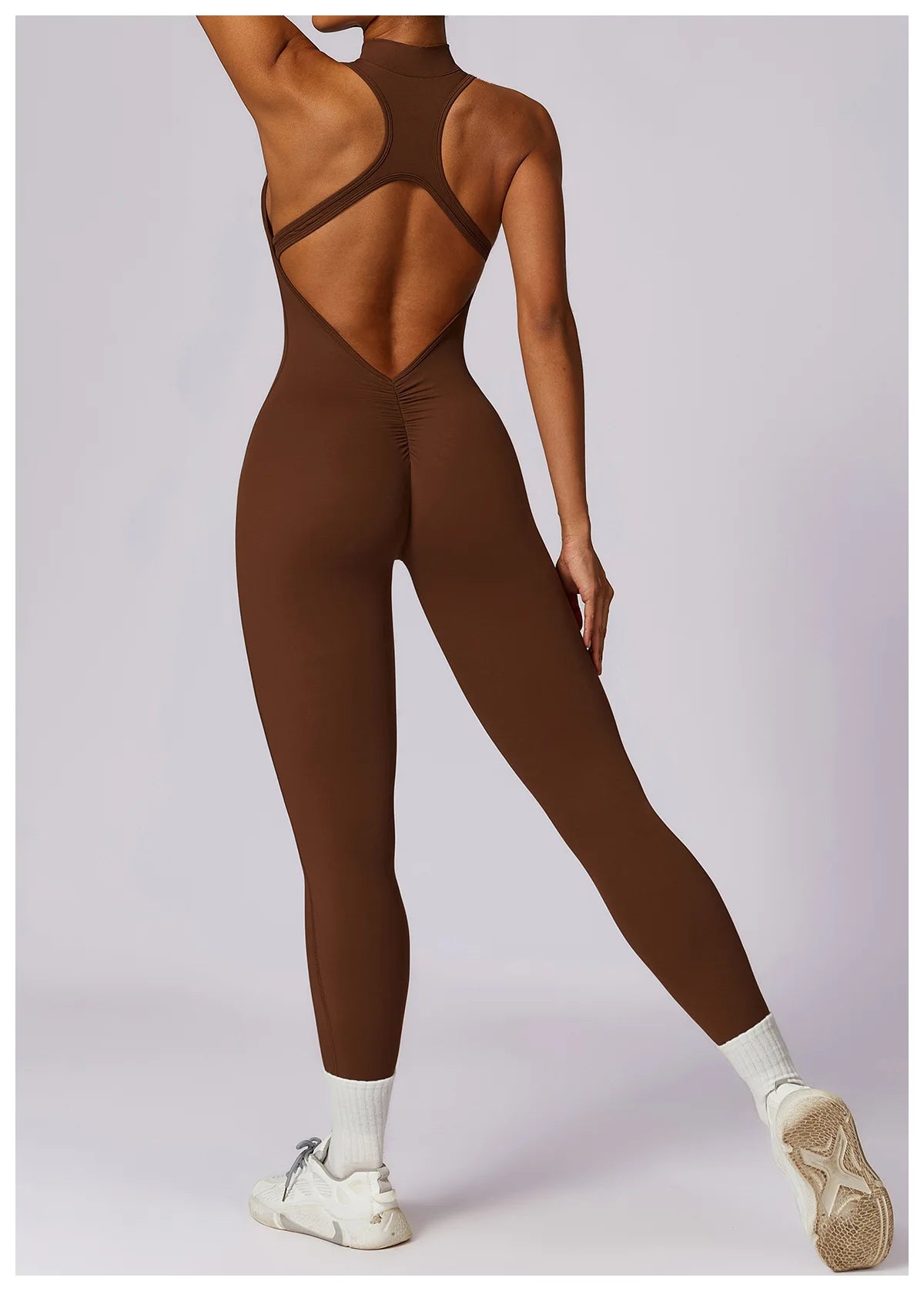 Women’s V-Back One-Piece Sports Jumpsuit — Sleeveless Yoga Romper with Zipper Workout Bodysuit