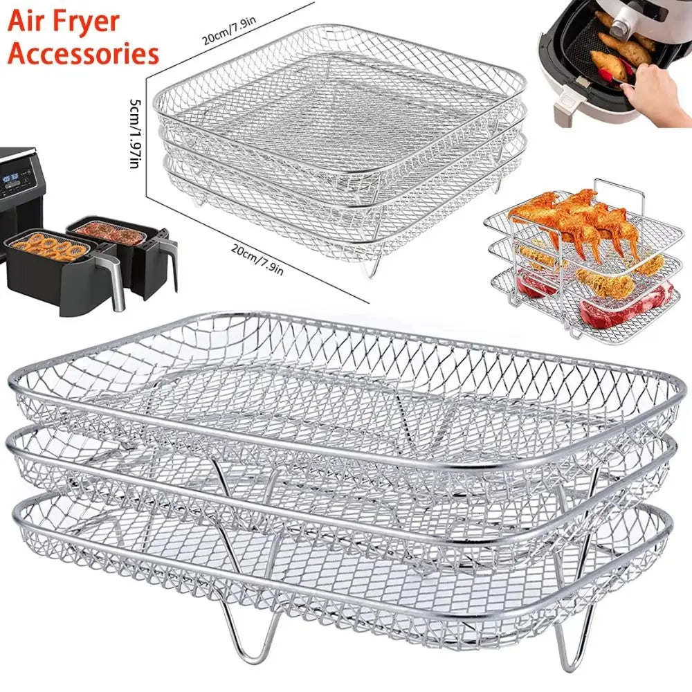 Stackable Air Fryer Rack - Stainless Steel Grill Basket & Non-Stick Cooking Tray for Kitchen Use