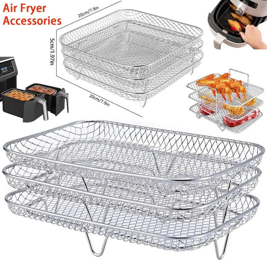 Stackable Air Fryer Rack - Stainless Steel Grill Basket & Non-Stick Cooking Tray for Kitchen Use