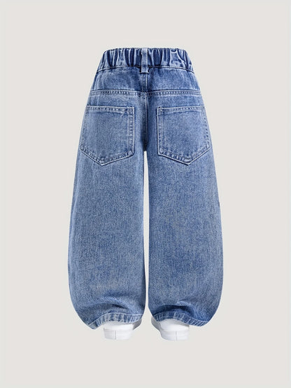 Disney Stitch Pattern Girls’ Jeans – Cute Straight-Leg Loose Casual Pants with Elastic Waist, Fashionable All-Match Style