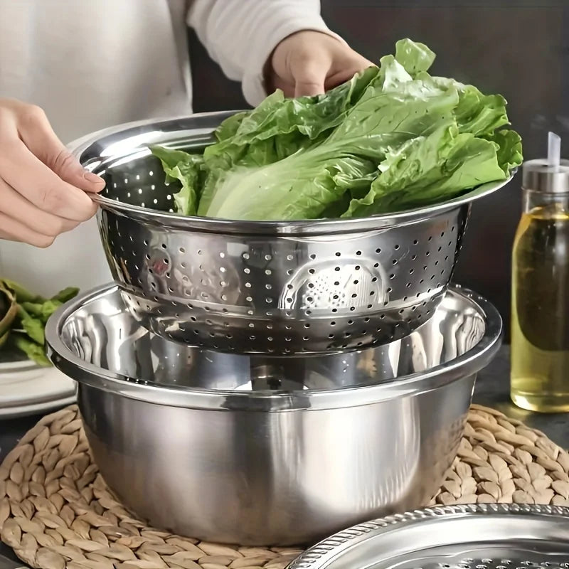 3-Piece Stainless Steel Strainer & Mixing Bowl Set – Multifunctional Fruit & Vegetable Washer and Slicer