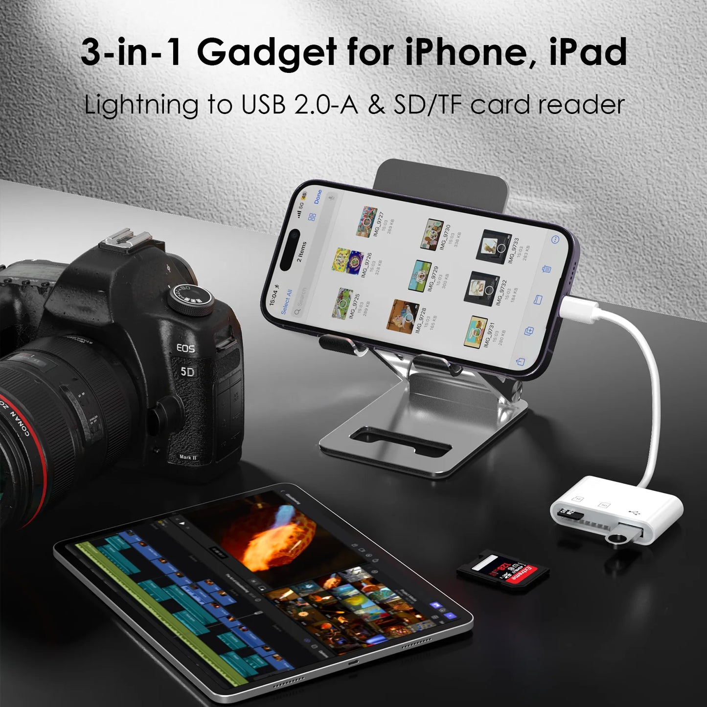 WAVLINK 3-in-1 Lightning Card Reader – SD/TF Card Adapter with USB 2.0 Port for iPhone & Digital Camera File Transfer