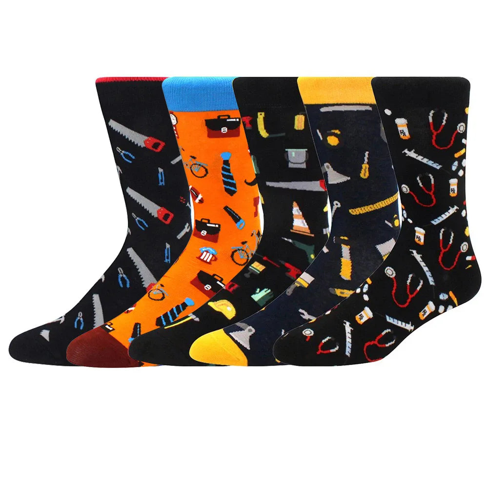 5-Pair Combed Cotton Novelty Crew Socks - Funny Skateboard Casual Socks for Men & Women