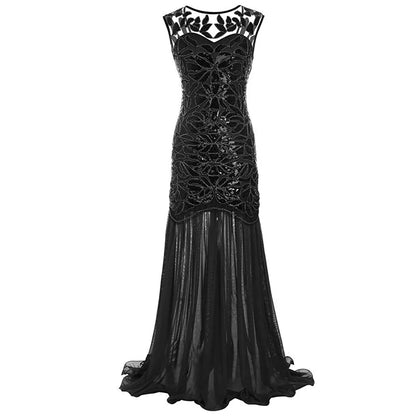 Women’s 1920s Great Gatsby Flapper Dress – Vintage V-Neck Sequin & Bead Long Mesh Maxi Party Prom Gown