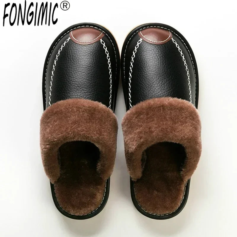 Men’s Winter Leather Slippers — Waterproof, Thick Velvet Cotton Indoor Home Shoes, Warm Bedroom Footwear
