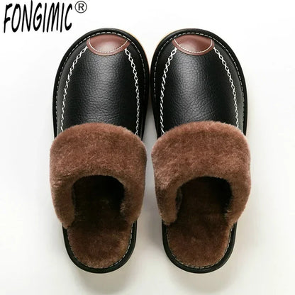 Men’s Winter Leather Slippers — Waterproof, Thick Velvet Cotton Indoor Home Shoes, Warm Bedroom Footwear
