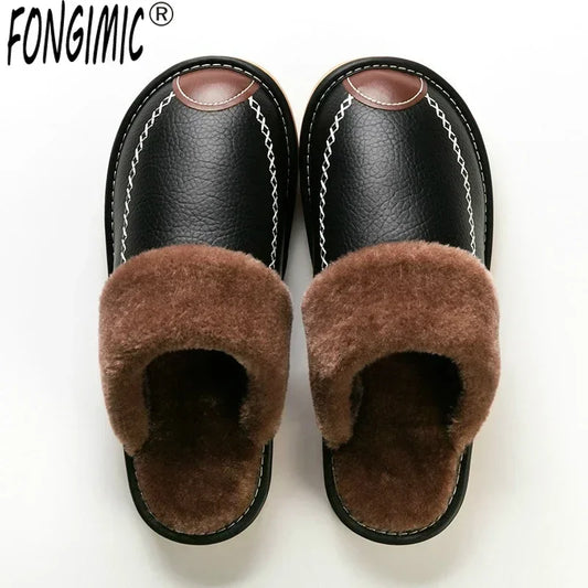 Men’s Winter Leather Slippers — Waterproof, Thick Velvet Cotton Indoor Home Shoes, Warm Bedroom Footwear
