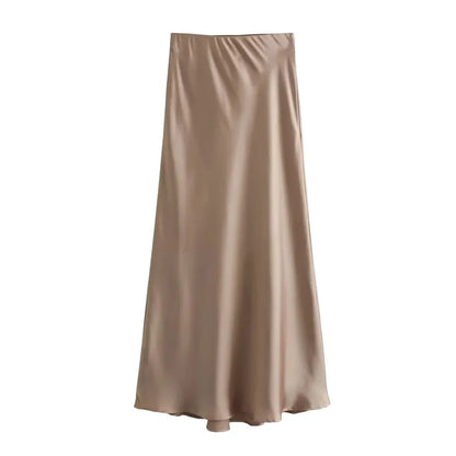TRAF Women’s 2024 Satin Skirt — High Waist Black Midi Summer Skirt, Elegant Office Long Skirt for Women