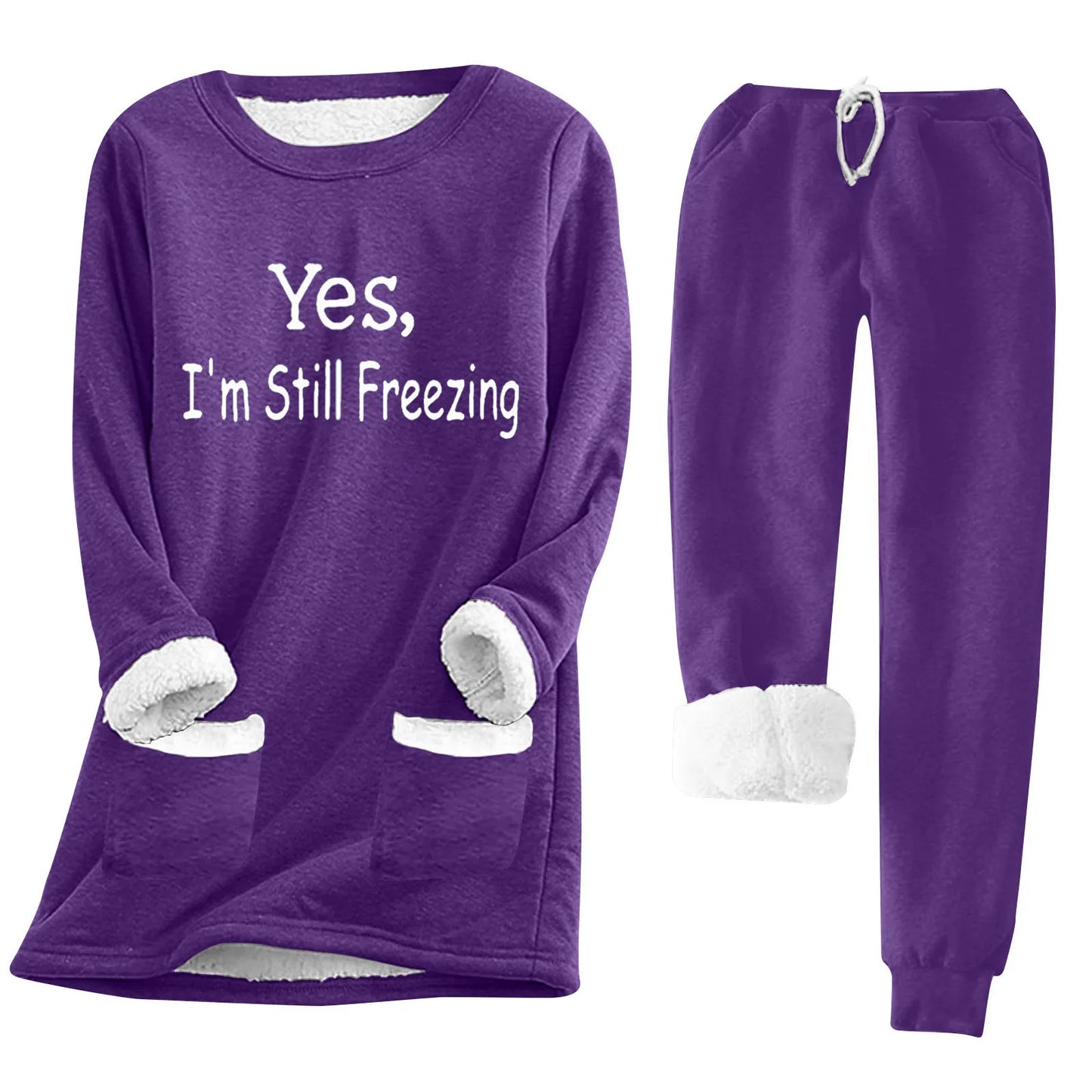 Women's Autumn Winter Fleece Pajama Set - Long Sleeve Sweatshirt & Drawstring Waist Pocket Pants