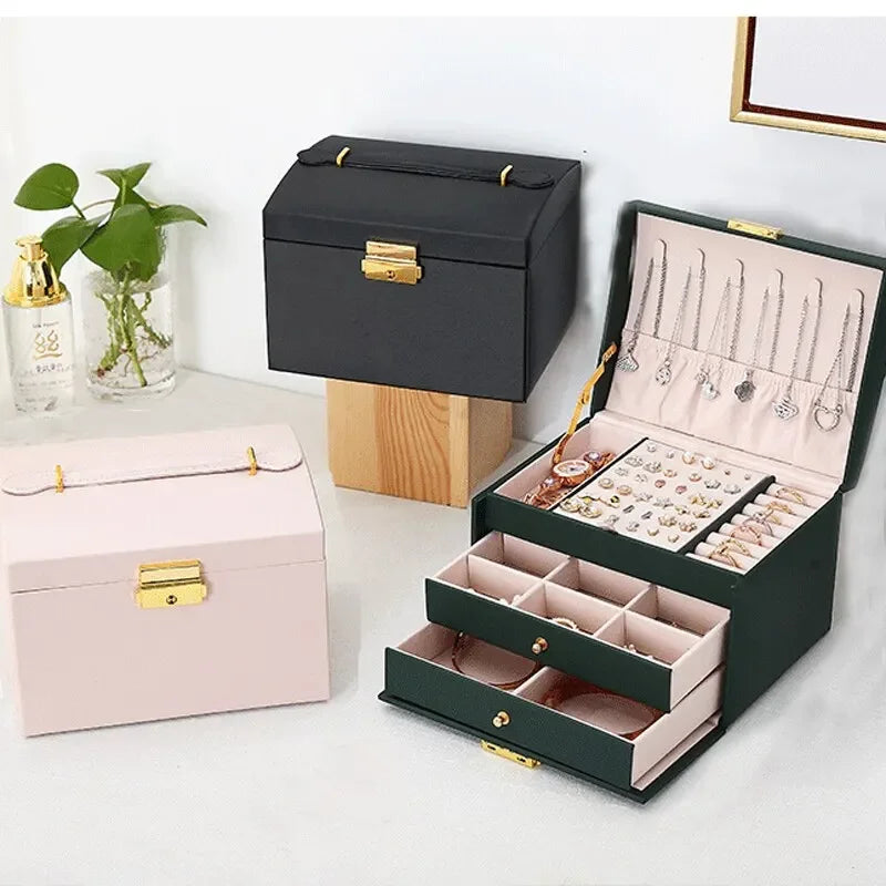 Multi-Functional Three-Layer Leather Jewelry Box – Drawer Style Organizer with Lock for Earrings