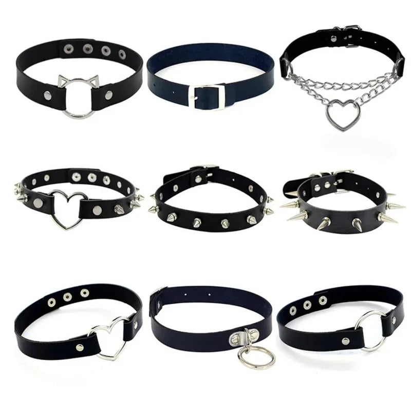 Harajuku Punk Rock Gothic Choker Necklace – PU Leather Heart Lock, Key, Spike Collar, Cosplay Accessories for Women