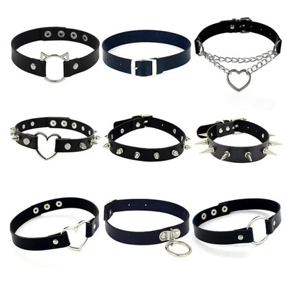 Harajuku Punk Rock Gothic Choker Necklace – PU Leather Heart Lock, Key, Spike Collar, Cosplay Accessories for Women