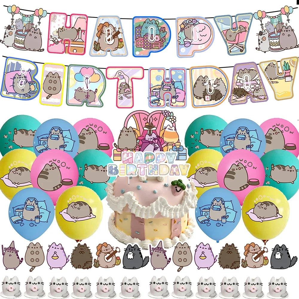 Pusheen Cat Birthday Party Decorations - Cartoon Pet Theme Balloons, Banner, Backdrop, Cake Topper, and Baby Shower Stickers