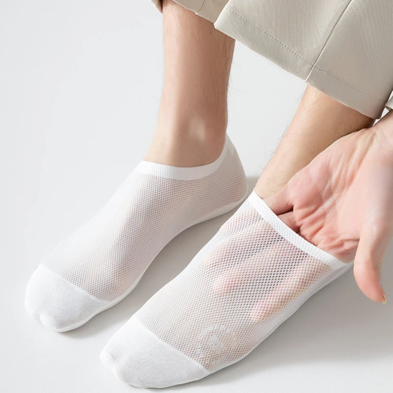 Men’s Ice Silk Mesh Socks – Hollow Breathable Summer No-Show Slippers, Silicone Non-Slip Low-Cut Boat Socks