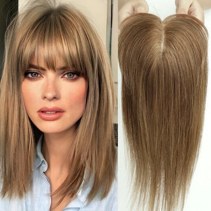 Ombre Brown Blonde Remy Human Hair Topper – 14 Inch Silk Base Clip-In Wig with Bangs for Women