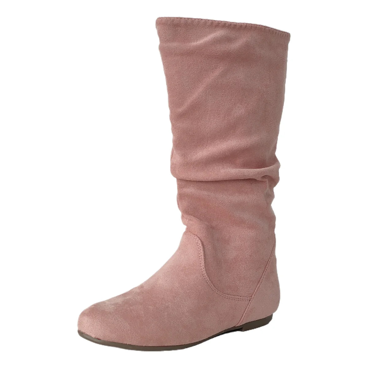 Pleated PU Women’s Fashion Boots – Casual Side-Zip Round Toe Flat High Solid Color Boots