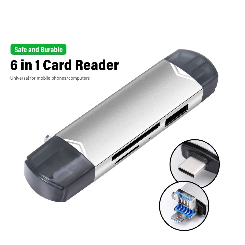 JASTER 6-in-1 USB 3.0 Card Reader – Type-C/USB TF/SD Adapter Flash Drive for Phone & Laptop