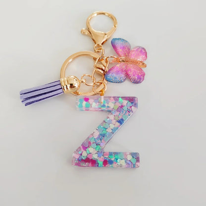 Butterfly Fringe Initial Keychain - Sequin A-Z Letter Bag Charm for Women, Students & Gifts