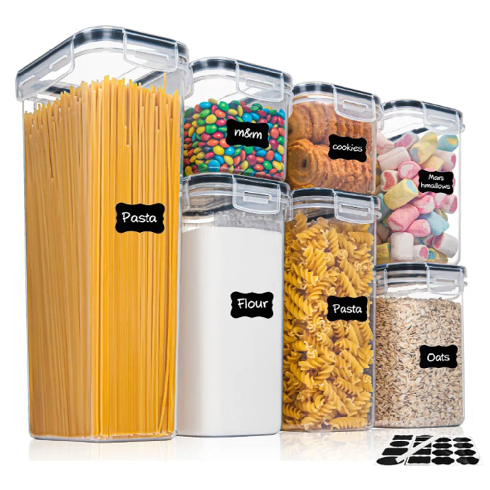 7PCS Food Storage Container Set - BPA Free Airtight Plastic Kitchen Boxes with Labels & Marker Pen