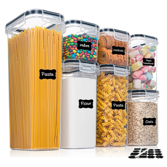 7PCS Food Storage Container Set - BPA Free Airtight Plastic Kitchen Boxes with Labels & Marker Pen