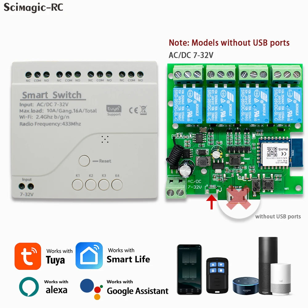 Tuya Zigbee & eWeLink Smart WiFi Module Switch, 4CH Relay 12V/24V/110V/220V RF 433 Remote Control, Works with Alexa & Google Home
