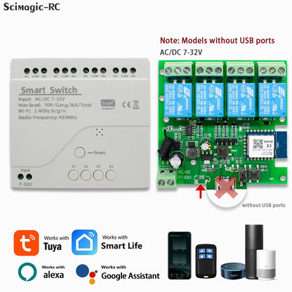 Tuya Zigbee & eWeLink Smart WiFi Module Switch, 4CH Relay 12V/24V/110V/220V RF 433 Remote Control, Works with Alexa & Google Home