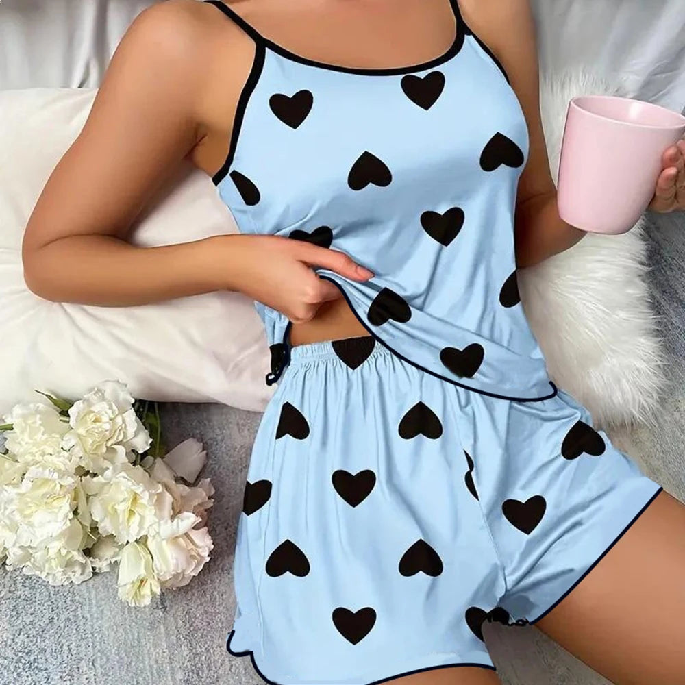Women’s Pink Heart Pajama Set - Ice Silk T-Shirt & Shorts Casual Summer Sleepwear