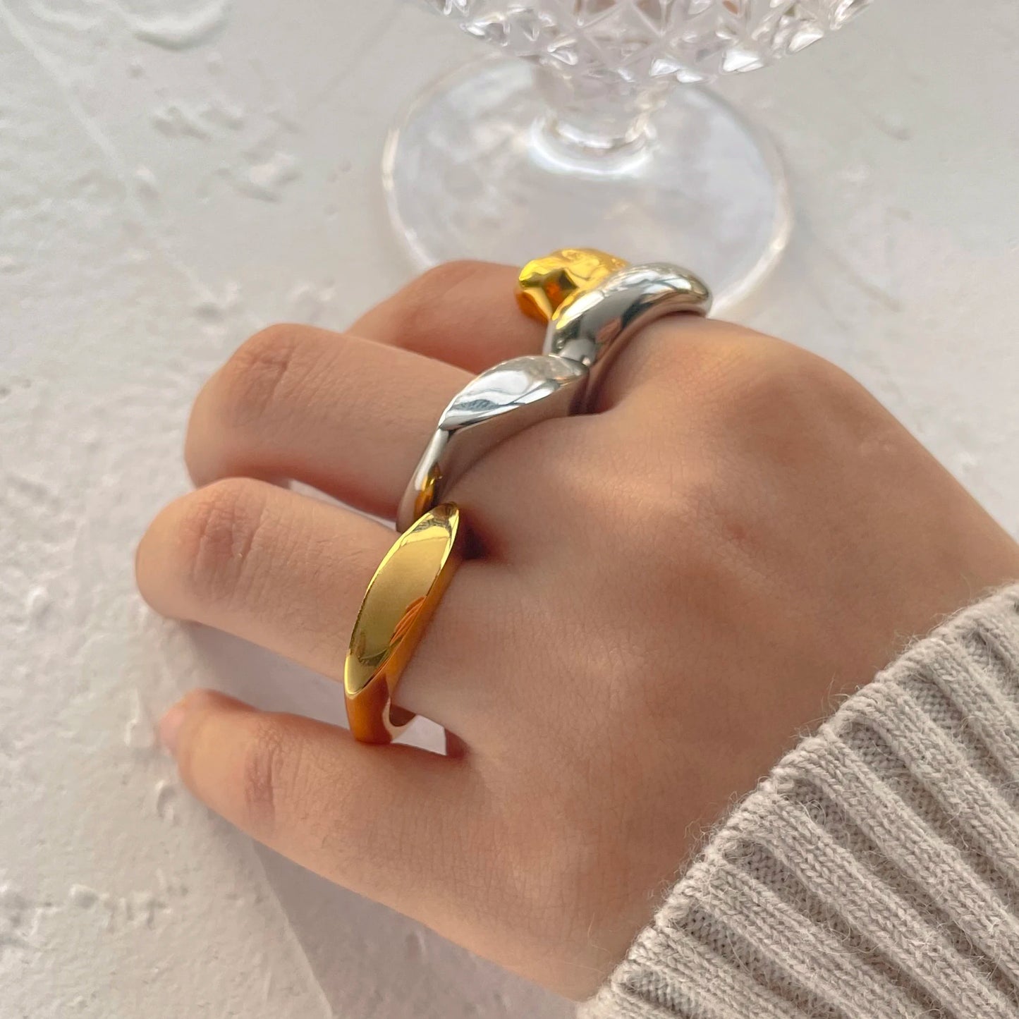 Vintage 18K Gold Plated Stainless Steel Ring – Double Line Irregular Open End Jewelry for Women