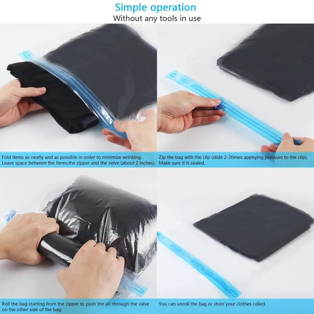 Travel Roll-Up Compression Bags — Reusable Vacuum Storage Luggage Bags, No Air Pump Needed