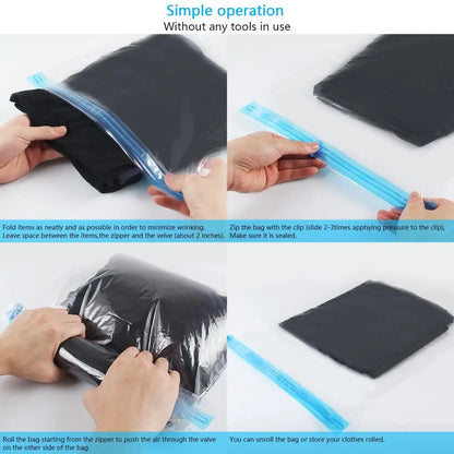 Travel Roll-Up Compression Bags — Reusable Vacuum Storage Luggage Bags, No Air Pump Needed