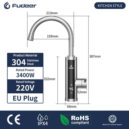 Fudeer 3400W 220V Electric Kitchen Water Heater Tap – Instant Hot & Cold Stainless Steel Faucet Heater