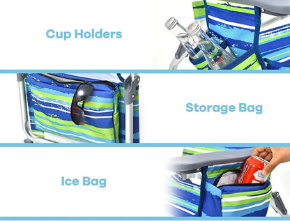 Backpack Beach Chair Set – 4 Portable Camping Chairs with Cooler Bag, Cup Holder & 5 Outdoor Recliners (Blue & Green, No Side Table)