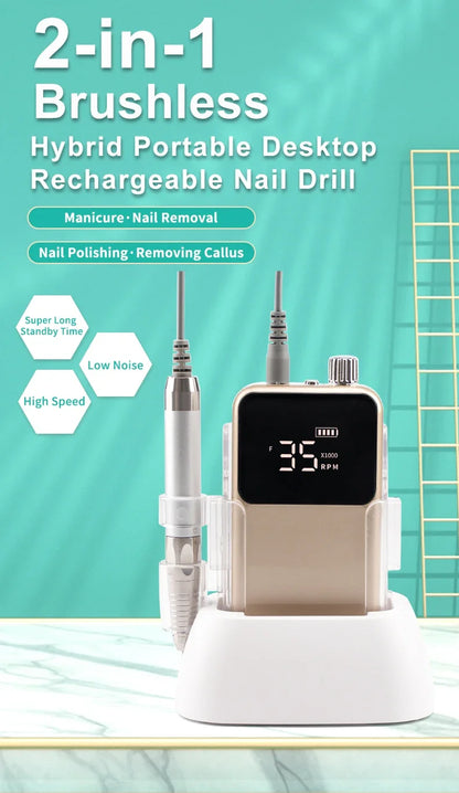 New 85W Electric Nail File – Cordless Professional Brushless Nail Drill Machine with 35000 RPM