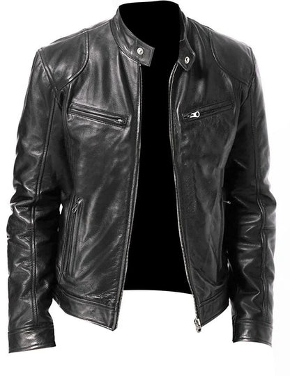 Men’s Slim Fit Motorcycle Leather Jacket – Short Lapel PU Zipper Windproof Coat for Autumn