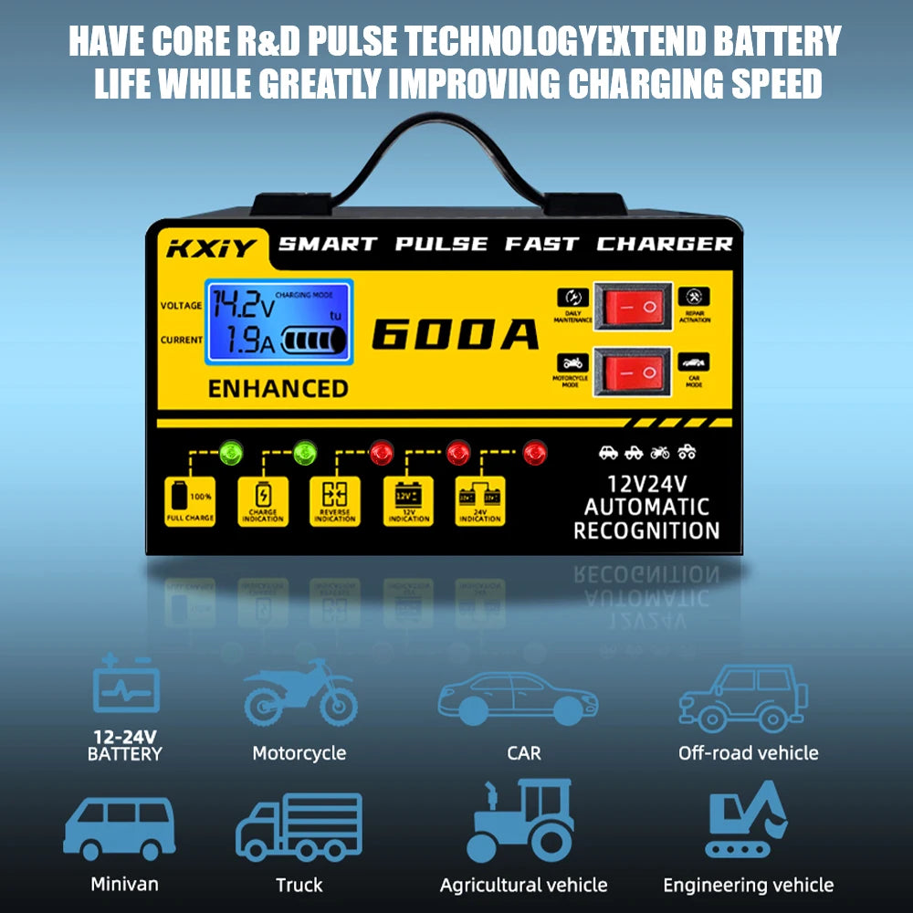 12V/24V Intelligent Car Battery Charger – 600A Digital LCD Pulse Repair with Automatic Stop & Temperature Detection