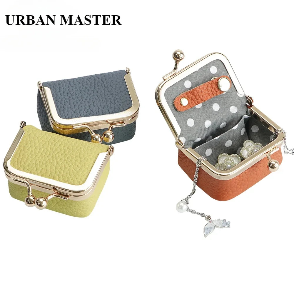 URBAN MASTER Genuine Leather Mini Coin Purse – Solid Color Kiss Lock Change Pouch, Casual Small Wallet for Women
