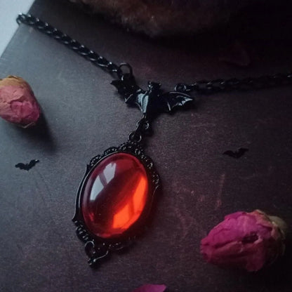 Gothic Vampire Blood Drop Necklace — Vintage Purple & Red Bat Eye Pendant, Witch Jewelry Accessory Gift for Women