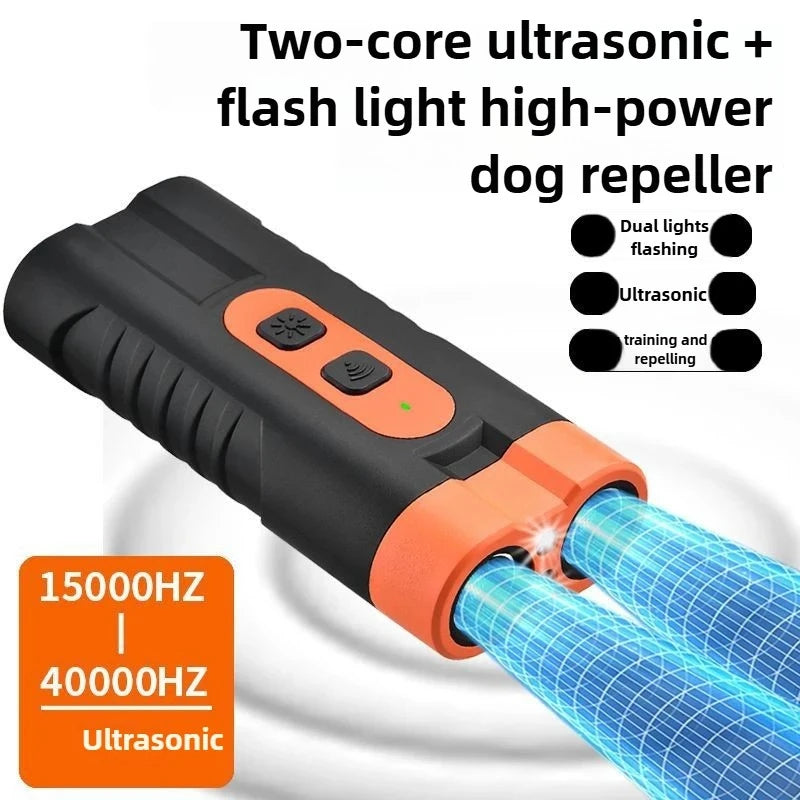 Ultrasonic Dog Repeller - Dual Head USB Rechargeable Anti-Bark Training Device with LED Flashlight