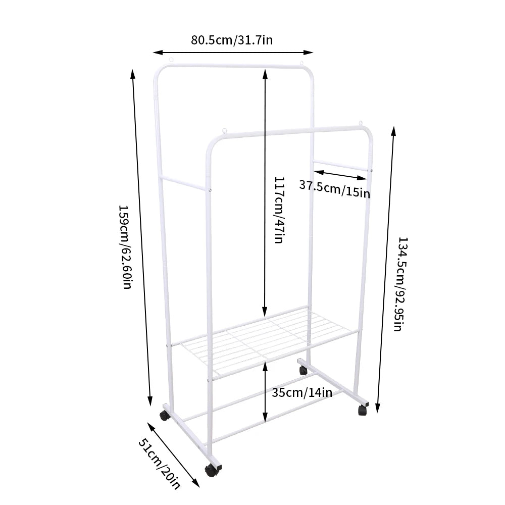 Rolling Clothes Rack – Garment Hanger with 2-Tier Storage Shelves