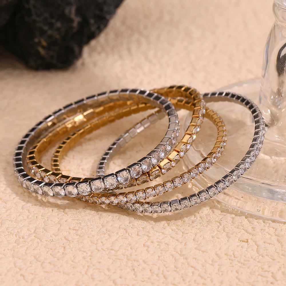 E.B.belle 3mm–4mm Square Zircon Elastic Bracelet – Stainless Steel Gold/Silver Fashion Jewelry for Women Charm Accessory