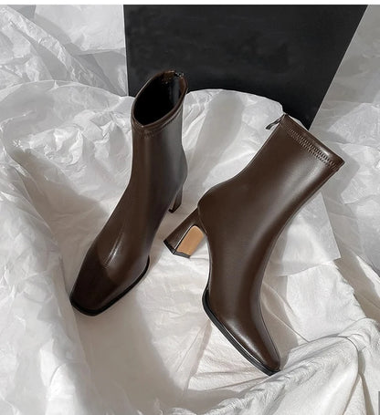 Vintage Warm Cotton Women’s Ankle Boots – Fashionable Square Toe, Elegant Autumn & Winter Short Booties with Thick Heel