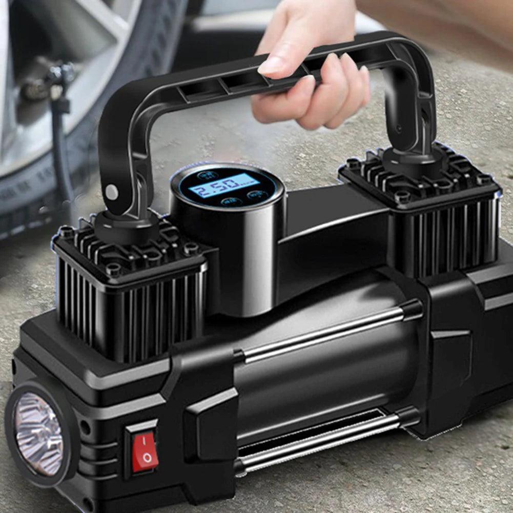 12V 150PSI Mini Air Compressor – Dual Cylinder Heavy Duty Tire Inflator with LED Light, Car Electric Pump