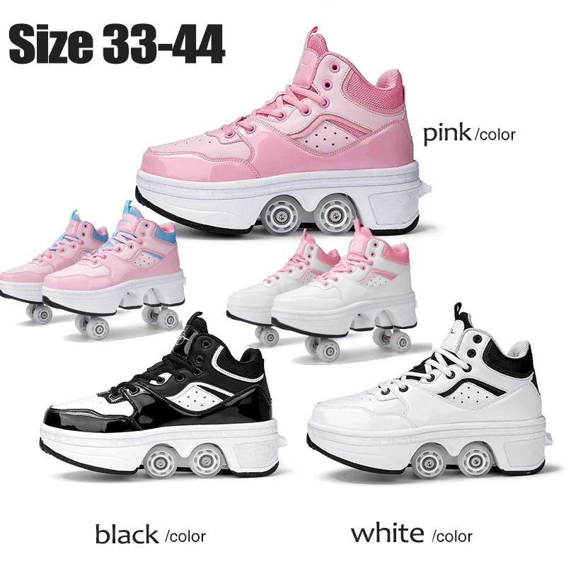 Dual Purpose Roller Skates Shoes - Adjustable Double Row 4-Wheel Deformation Roller Sneakers for Kids & Teens Size 33-44