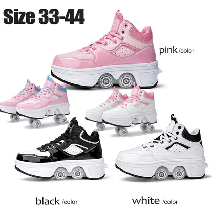 Dual Purpose Roller Skates Shoes - Adjustable Double Row 4-Wheel Deformation Roller Sneakers for Kids & Teens Size 33-44