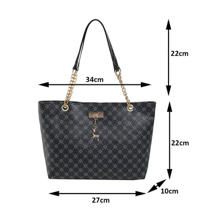 Women’s Large Capacity PU Leather Handbag — Fashion Tote Bag with Textured Design and Hanging Accessories