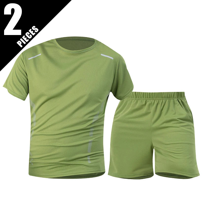 Men’s 2-Piece Summer Sports Set – Quick-Dry Breathable Short Sleeve T-Shirt & Pocket Running Shorts