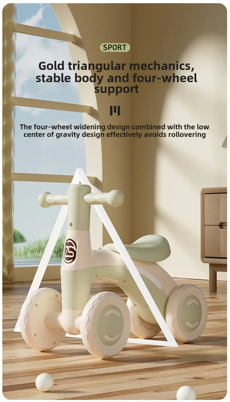 Anti-Tip Baby Balance Bike — 4-Wheel Silent Glider Walker for Ages 1-3, Toddler Training Ride-On with Safety Wheels for Indoor & Outdoor Use