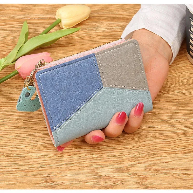 Fashion Women’s Zipper Wallet – Short Patchwork Leather Coin Purse, Card Holder & Phone Pouch Clutch